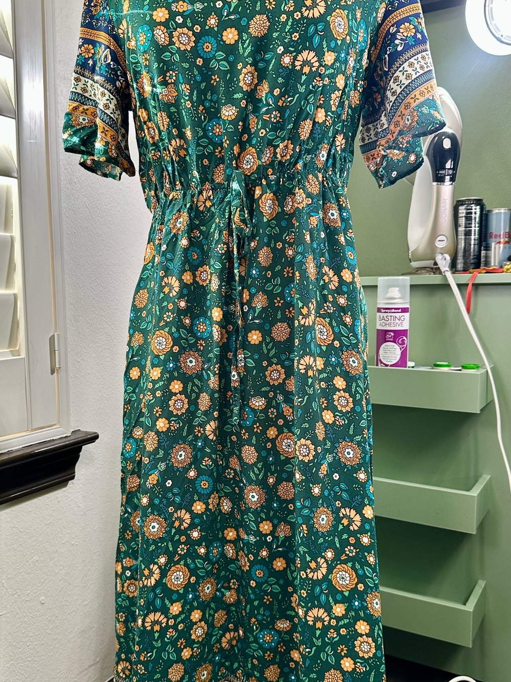 Green Floral Maxi Dress with Drawstring Waist by